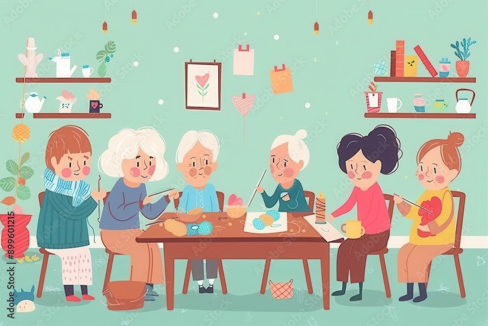 Poster elderly individuals are knitting and sewing while enjoying each other's company in a warm and inviti
