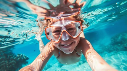 Naklejka premium Active child in snorkeling mask diving to explore vibrant tropical fishes in a beautiful coral reef sea pool. Exciting swimming activity on summer beach vacation creating unforgettable memories