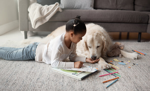 Girl, dog and feeding on floor in house for support, safety and playing together with love or care. Young child, animal and golden retriever on ground in home for pet growth, security and development