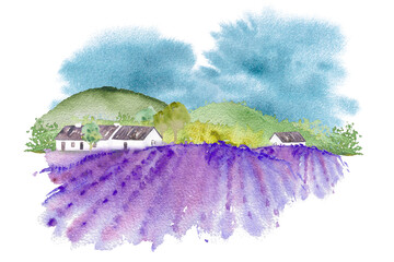 Watercolor illustration, landscape of Provence, watercolor illustration, hand drawing lavender fields, mountains, village houses, trees.
