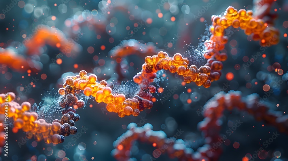 Poster abstract dna chain with bokeh background.