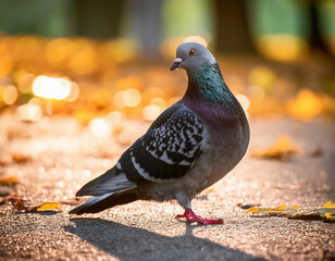 Pigeon walking on the road in the park with autumn leaves.