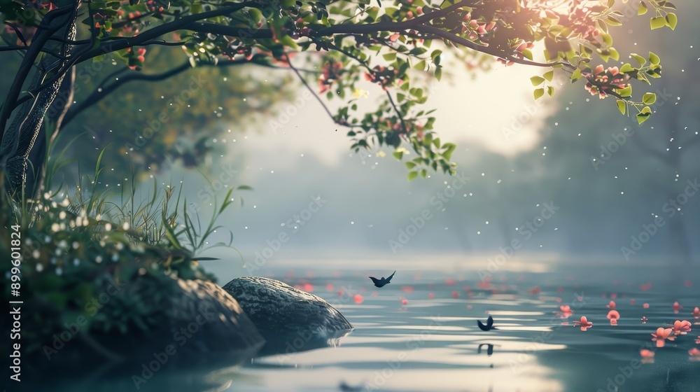 Poster a tranquil forest scene with a misty river, sunlight filtering through the trees, and delicate flowe