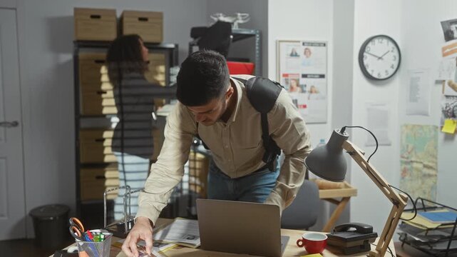 A man and woman working as detectives in a cluttered police office, examining documents and evidence.