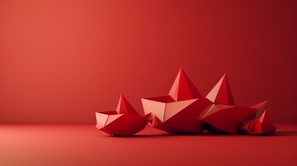 Red origami boats arranged on a red background. Abstract geometric shapes. Minimalist design.