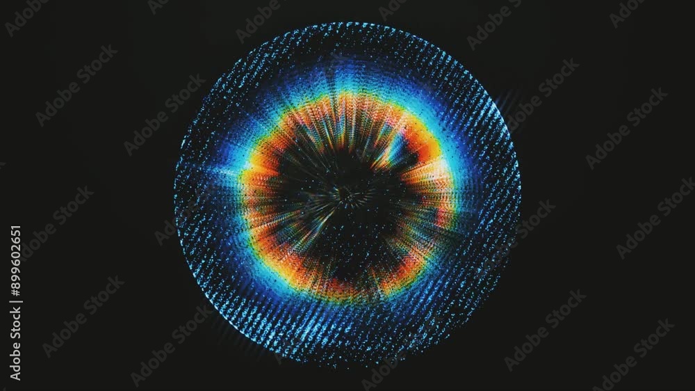 Poster blue energy sphere with glowing bright rotating gradient rainbow rays, atom with moving core and pla