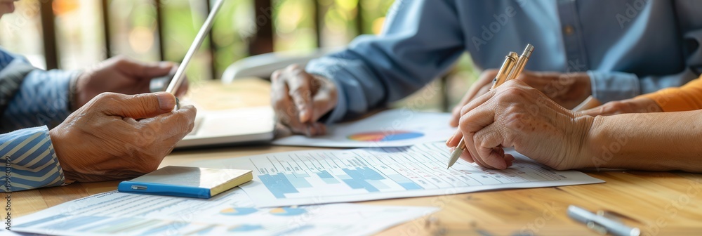 Poster elderly individuals are engaged in collaborative work, discussing financial reports and graphs at a 