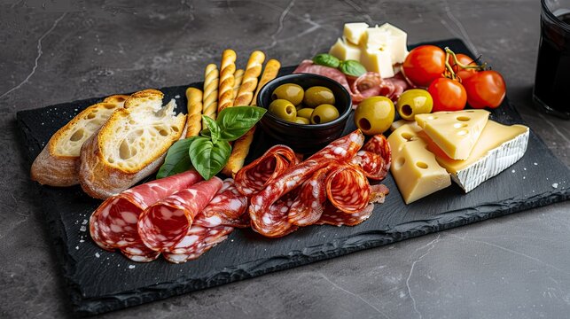 A beautifully arranged antipasto platter with a selection of Italian cold cuts, various cheeses, olives, and breadsticks, set on a dark slate board. - AI Generated Digital Art - Powered by Adobe