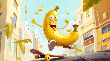 Banana cartoon playing skateboard with cool expression. 