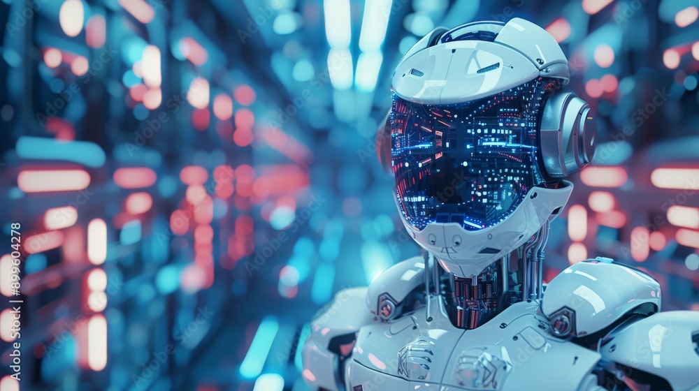 Poster Humanoid robot with a digital interface on its face in a high-tech environment. Illustration of AI and futuristic robotics.