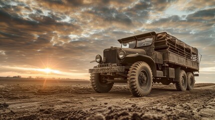 Obraz premium Vintage military truck driving on a muddy dirt road during a dramatic sunset with dark clouds in the sky.