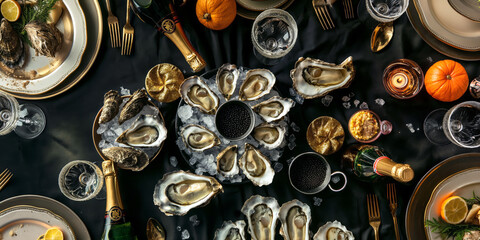 Top-down view of a festive table spread featuring oysters on ice, champagne bottles, caviar, and elegant tableware, served on black tablecloth.