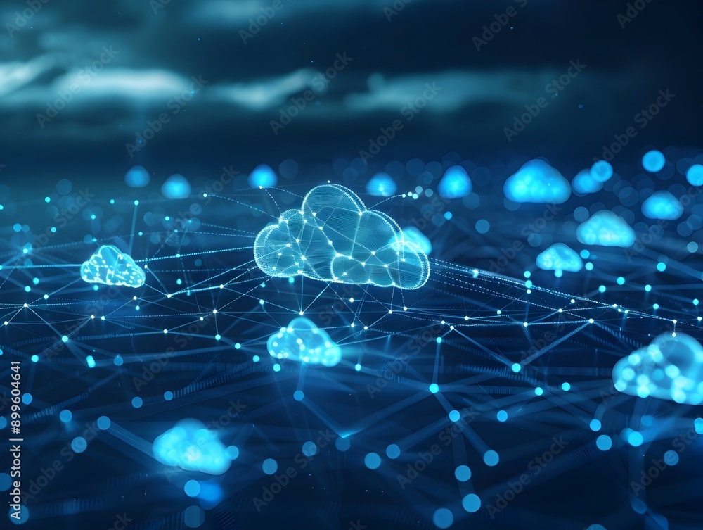Poster abstract digital cloud network with interconnected business icons depicting futuristic communication