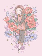 Illustration of a girl and flowers, character design, flower background, digital art.