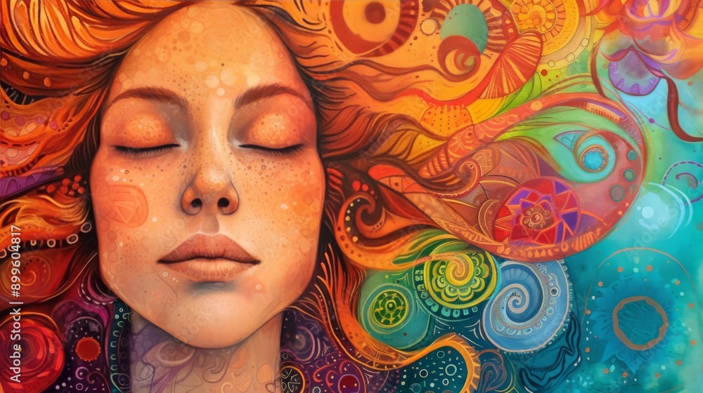 Aufkleber a vibrant digital artwork featuring a woman's face with eyes closed, surrounded by swirling patterns