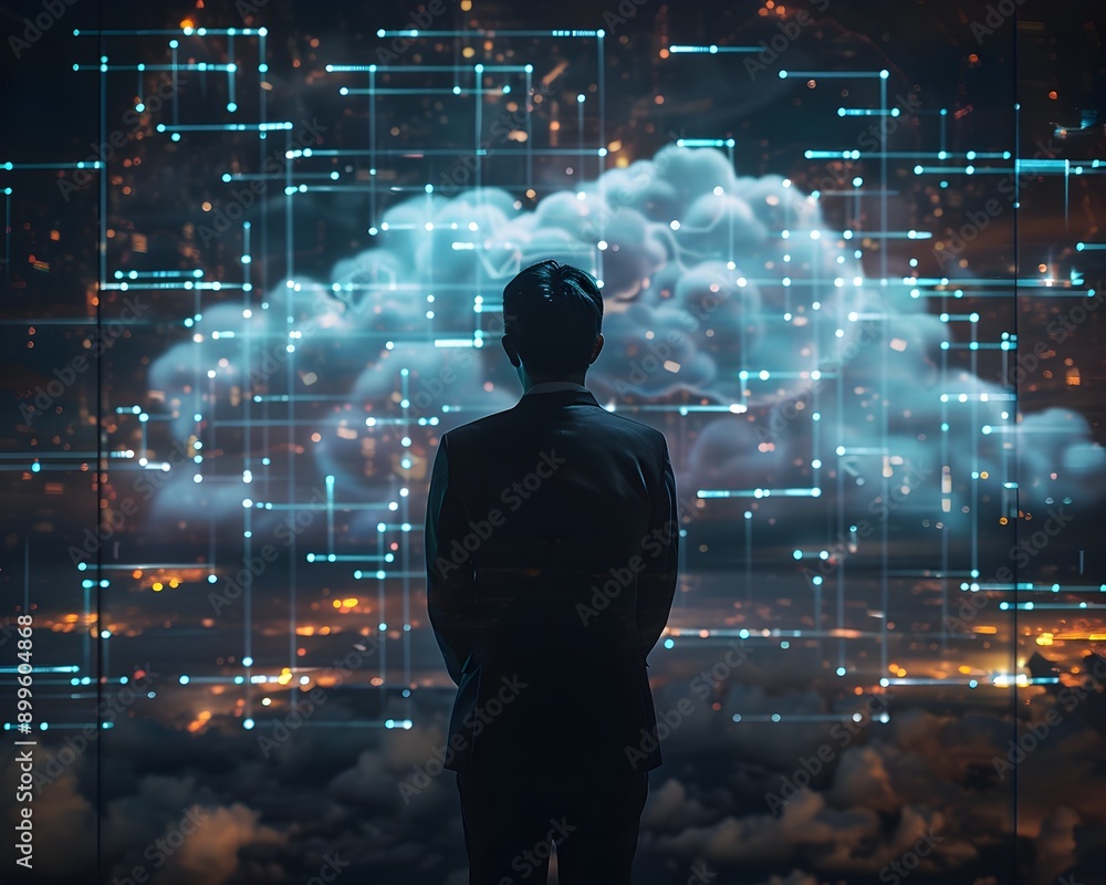 Aufkleber businessman observing digital cloud screen with data visualization and network connections