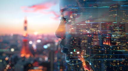 A digital portrait of a cityscape at twilight with blending of warm city lights and cool sky tones, creating a serene and balanced urban scene.