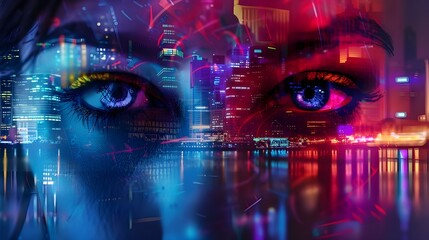 Close-up of a female face with vibrant blue and red digital overlays, highlighting a dynamic and expressive cybernetic vision.