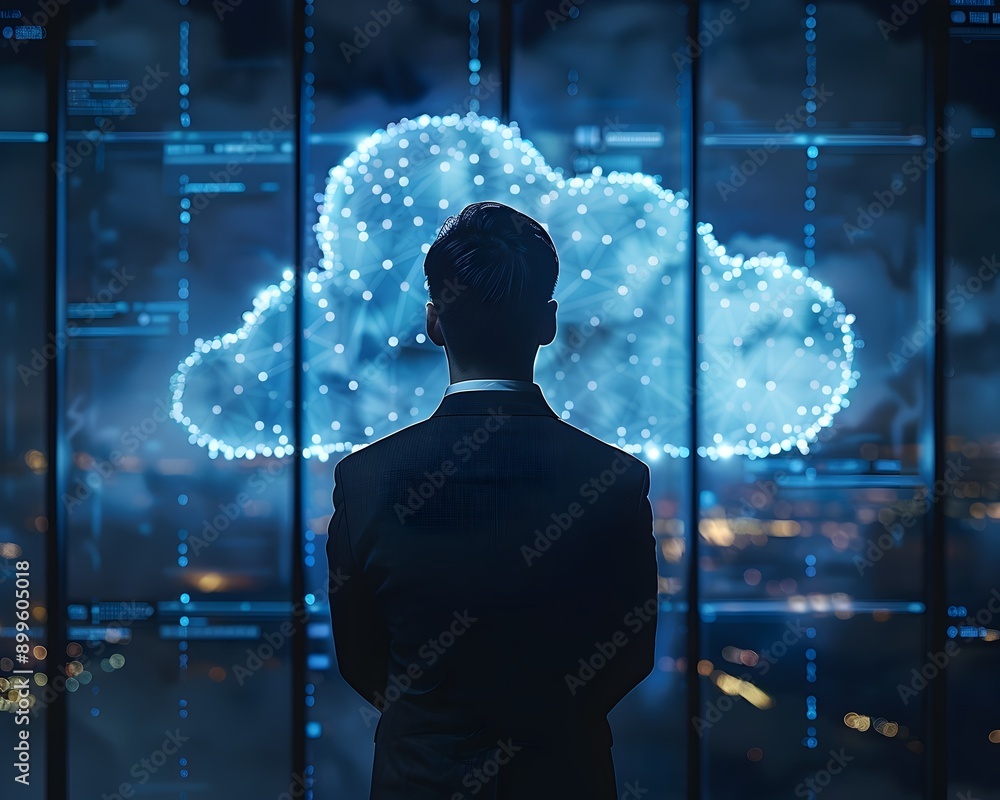 Aufkleber businessman facing digital cloud screen with data visualization and network connections in modern te