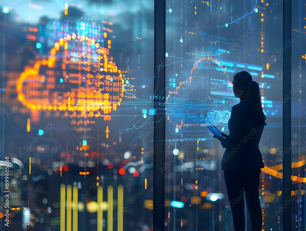 Poster holographic cloud screens and digital networking in a modern high tech office
