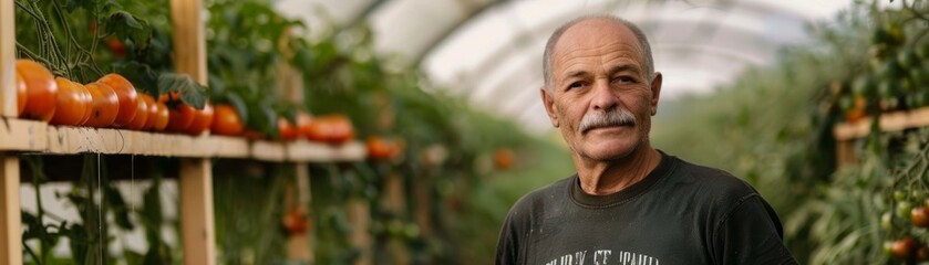 Obraz premium A mature man stands confidently in a greenhouse surrounded by ripe vegetables, showcasing his passion for sustainable farming.