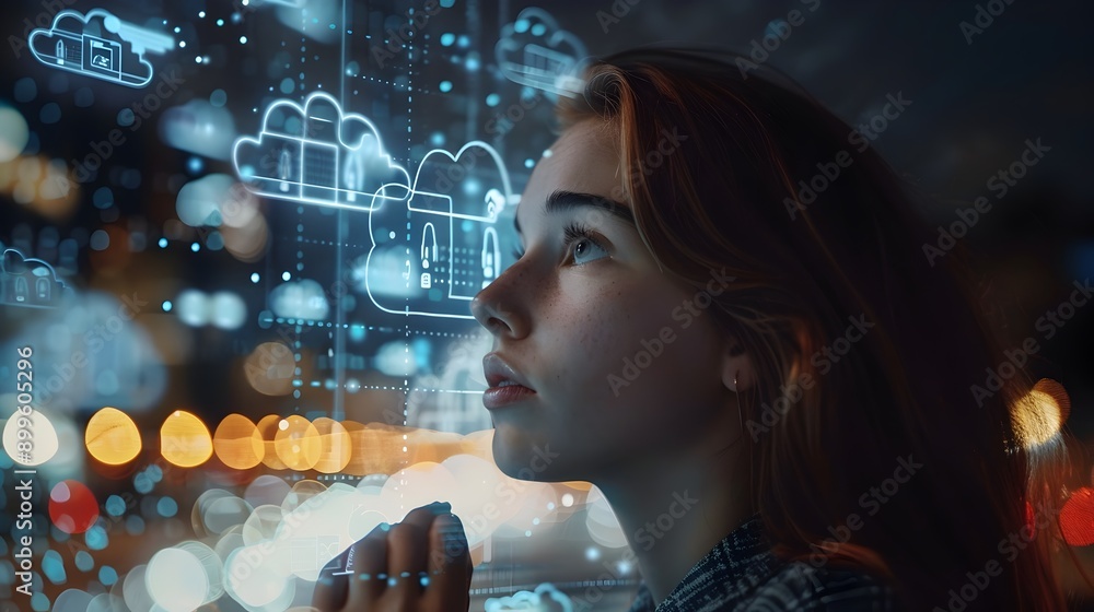 Aufkleber businesswoman using augmented reality cloud interface for digital networking and modern tech in busi
