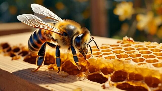 Busy bees collect sweet pollen, creating golden honeycomb masterpiece