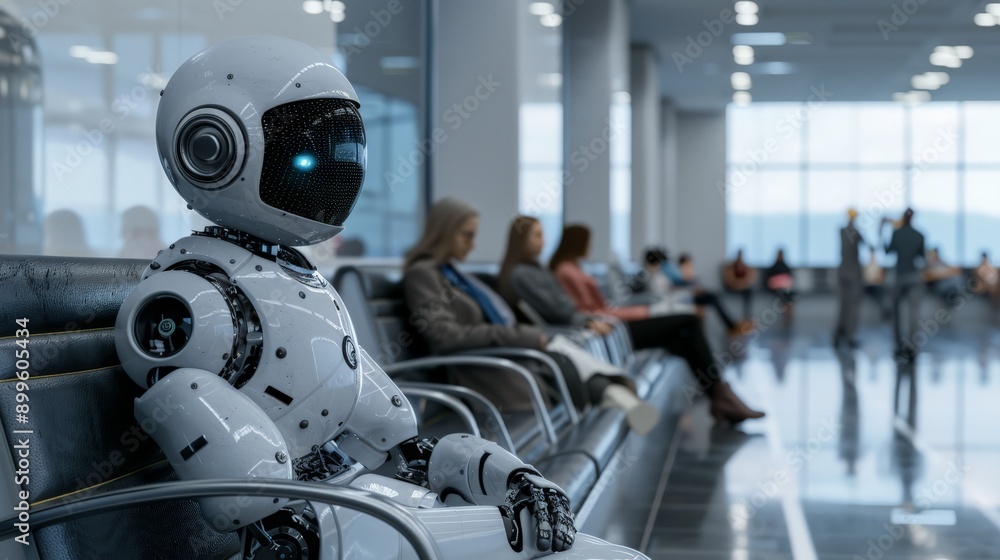 Poster robot standing in a futuristic office corridor, observing a line of job applicants. future of ai in 