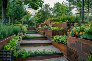 Steps into city garden surrounded by vibrant flowerbeds and lush greenery. Pathway through beautifully landscaped garden in urban residential area. Serene, colorful and inviting outdoor space