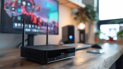 A black router modem on wooden table in room. Space for text
