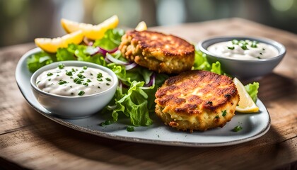 Homemade Fried Crab Cakes with Salad and Tartar Sauce
