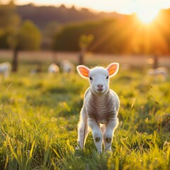 Fototapeta premium Baby lamb playing in a sunny meadow vibrant and joyful farm scene with copy space