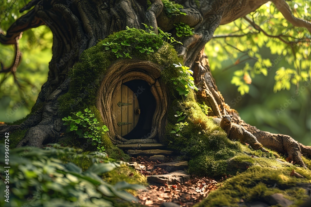 Poster hidden doorway within a majestic hollow tree surrounded by lush greenery in a serene forest setting.