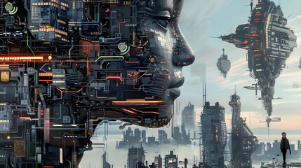A complex image depicting a man's profile constructed from various mechanical and electronic components, illustrating the concept of a technologically enhanced human.