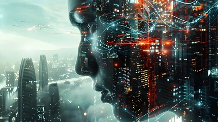 A dynamic visualization of a man's profile intricately merged with bright, fiery digital elements and cityscape features, depicting intense energy and urban transformation