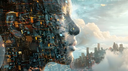 A serene digital composite of a woman’s face merging with a snowy cityscape, suggesting tranquility and a deep connection to the urban winter environment.