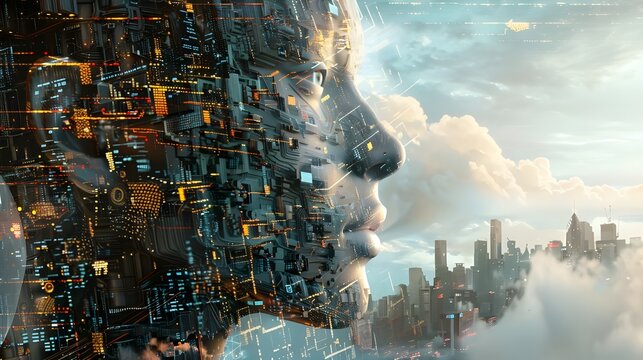 A serene digital composite of a woman’s face merging with a snowy cityscape, suggesting tranquility and a deep connection to the urban winter environment.