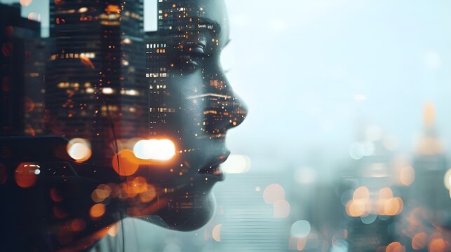 A futuristic portrait of a man with his profile overlaid with glowing orange urban elements, symbolizing a blend of human consciousness with the vibrant energy of city life.