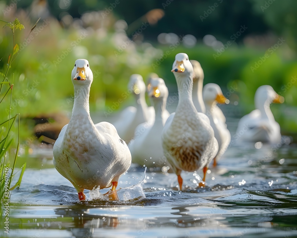 Poster flock of ducks waddling across serene pond in rural countryside setting