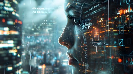 A detailed view of a man’s profile, seamlessly integrating with a dense network of digital data and city lights, illustrating the deep interconnection between human cognition and urban technology.