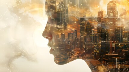 A vibrant composite image showing a woman's profile interwoven with golden urban imagery, reflecting a harmonious blend of humanity and city life.