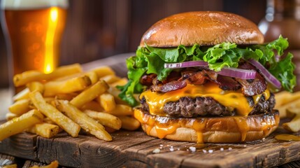 Classic American cheeseburger and fries