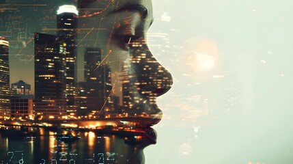 A thoughtful digital montage depicting a man's silhouette, his features blending with a glowing urban landscape at sunset, symbolizing the melding of personal and urban lives.