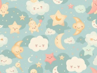 Fototapeta premium Cute pastel night sky pattern with smiling stars, moons, and clouds on a light blue background.