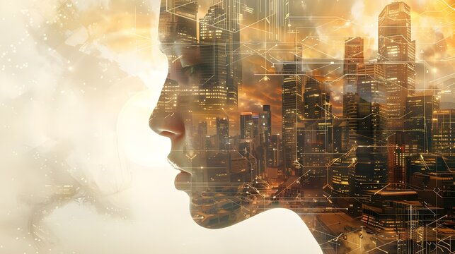 A vibrant composite image showing a woman's profile interwoven with golden urban imagery, reflecting a harmonious blend of humanity and city life.