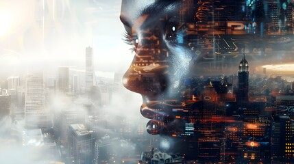 Close-up of a man’s face with a translucent overlay of blue and red digital circuits and city elements, emphasizing connectivity and technological integration.