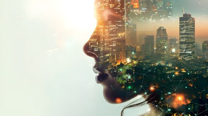 A digital composite showing a man's profile merging with a vibrant cityscape, filled with glowing green elements and golden highlights, creating a dynamic interplay between nature and urban life.