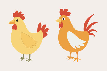 Colorful Cartoon Hen and Rooster Vector Illustration.