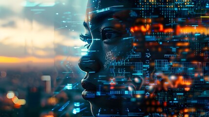 Digitally enhanced profile of a man with a futuristic blue and red neon overlay, merging with elements of digital data and circuitry against a dark, technological background.