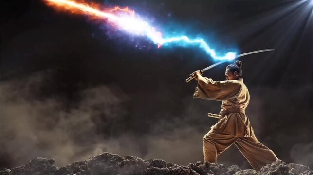 A samurai with energy power emits from his katana. Seamless loop video background